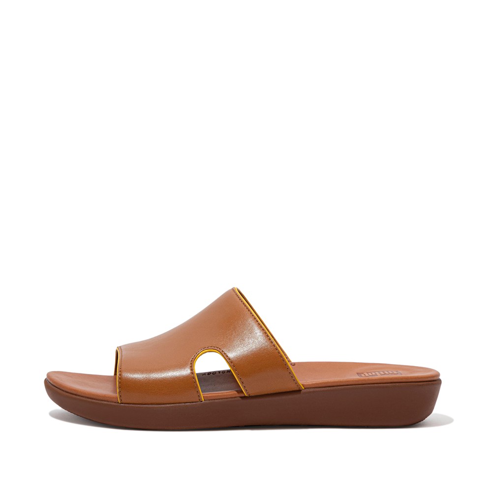 Fitflop Womens Slides - H-bar Pop-binding Leather - Brown - 804-WNKOEF